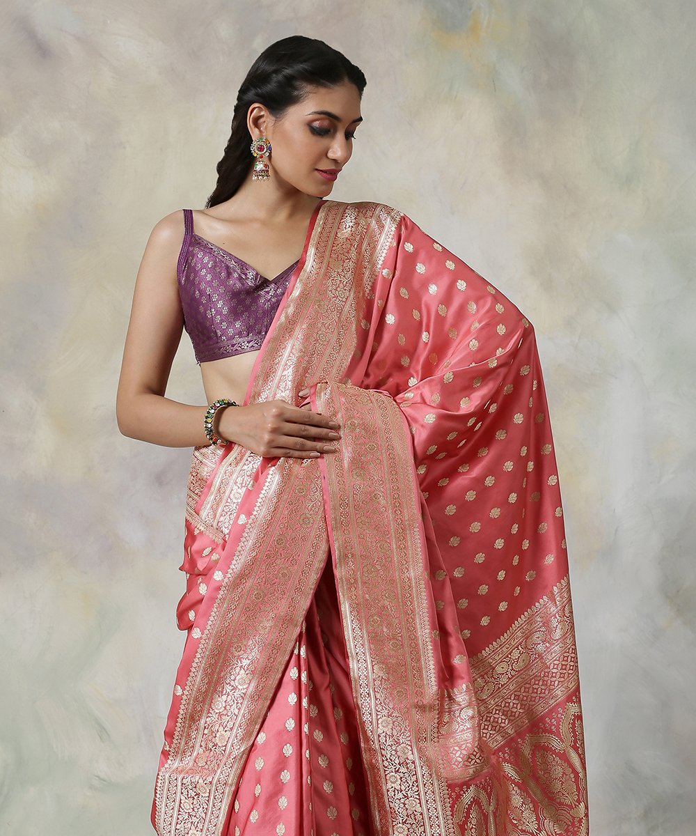 Handloom_Rose_Pink_Pure_Satin_Silk_Saree_with_Kadhwa_Border_and_Floral_Blouse_WeaverStory_01