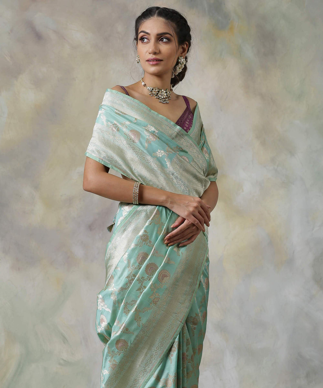 Handloom_Sea_Green_Katan_Silk_Banarasi_Jangla_Saree_WeaverStory_01