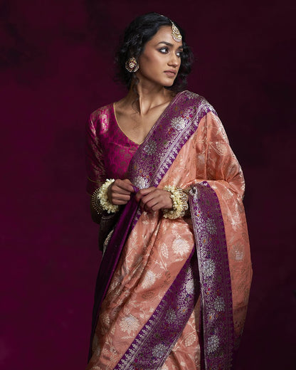 Handloom_Tissue_Peach_Banarasi_Saree_with_Jangla_Design_and_Purple_Border_WeaverStory_01