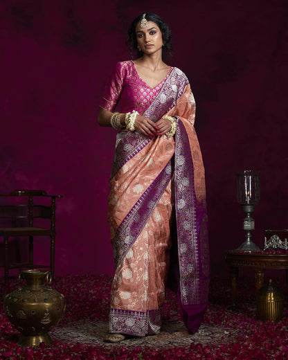 Handloom_Tissue_Peach_Banarasi_Saree_with_Jangla_Design_and_Purple_Border_WeaverStory_02