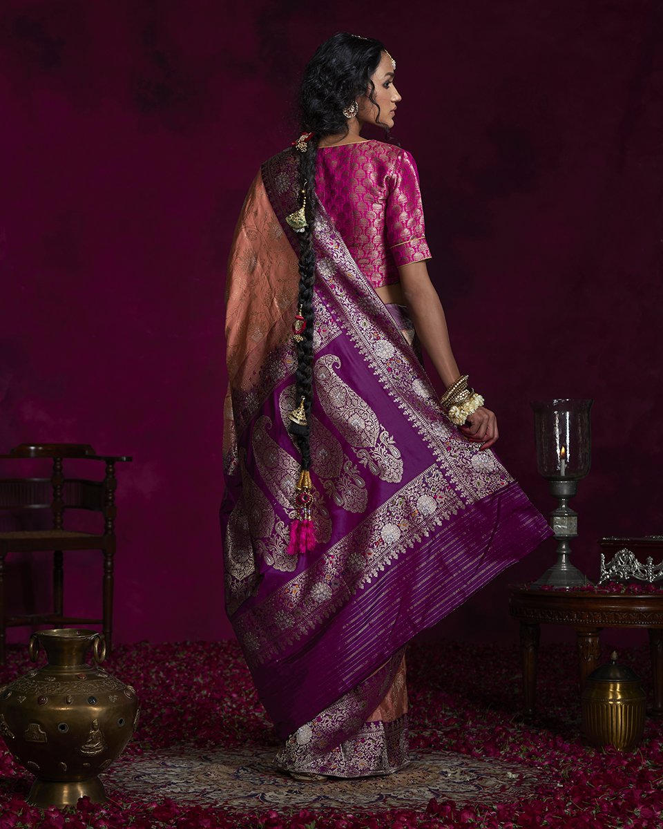 Handloom_Tissue_Peach_Banarasi_Saree_with_Jangla_Design_and_Purple_Border_WeaverStory_03