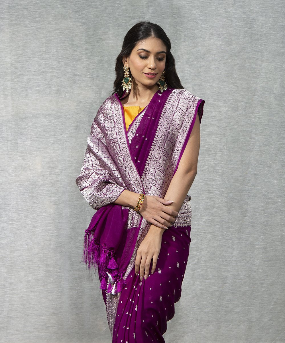 Handloom_Wine_Banarasi_Georgette_Banarasi_Saree_With_Broad_Silver_Zari_Border_WeaverStory_01