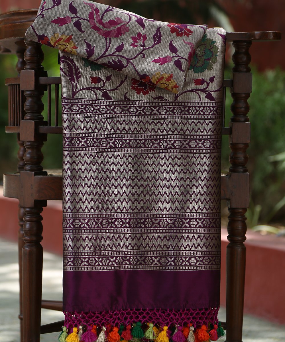 Handloom_Wine_Meenakari_Jangla_Cutwork_Handloom_Banarasi_Dupatta_WeaverStory_01