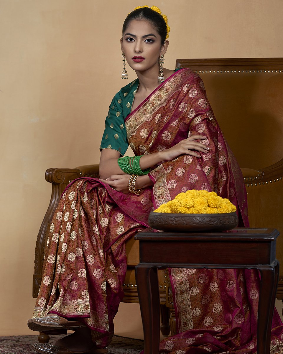 Handloom_Wine_Pure_Katan_Silk_Banarasi_Tanchoi_Saree_with_Mughal_Motifs_woven_with_Zari_WeaverStory_01