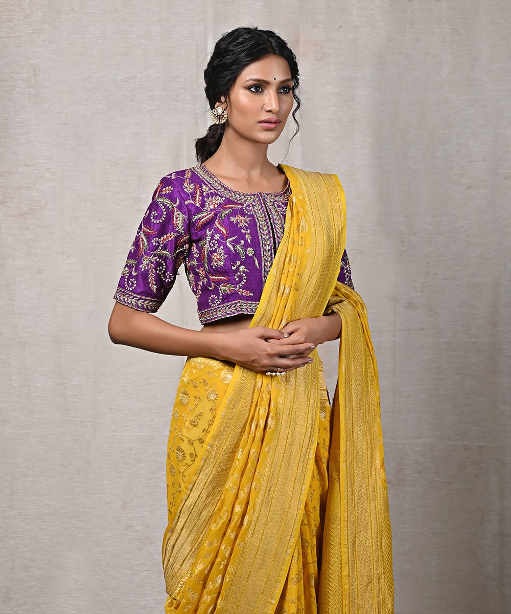 Handloom_Yellow_Banarasi_Georgette_Saree_with_Floral_Weave_WeaverStory_01