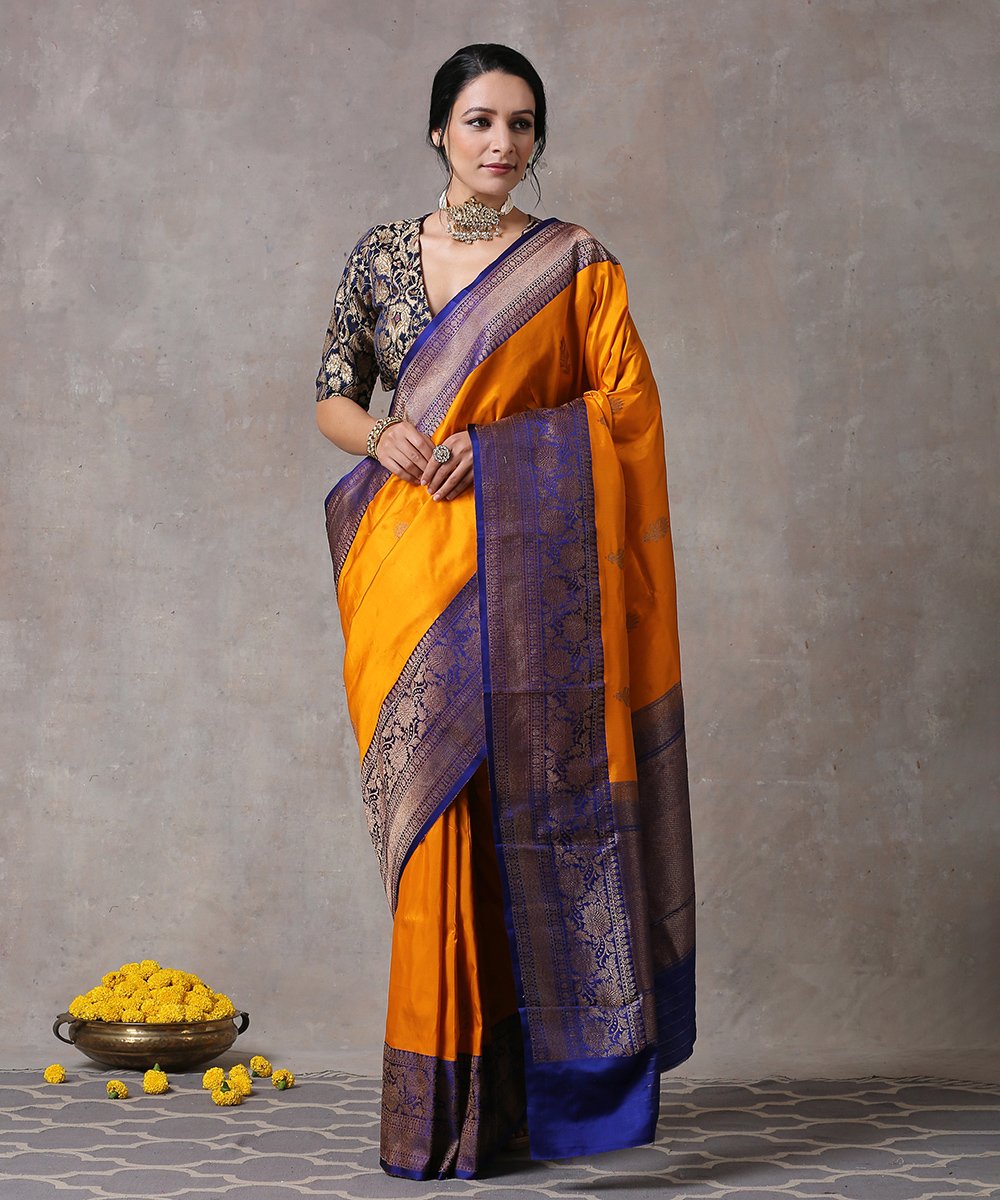 Handloom_Yellow_Pure_Katan_Silk_Banarasi_Saree_With_Purple_Floral_Border_WeaverStory_01