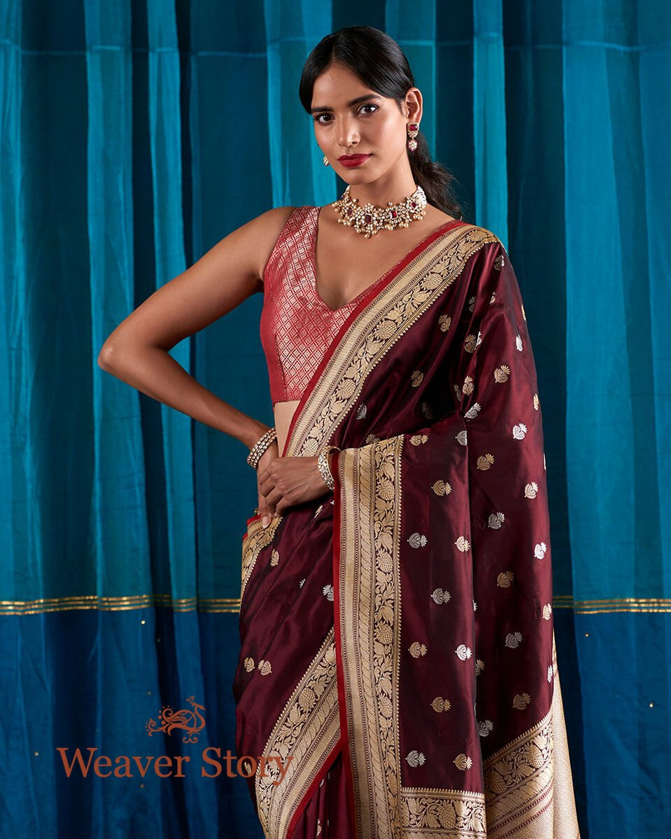 Handloom_Wine_Banarasi_Silk_Saree_woven_with_Traditional_Mughal_Inspired_Motifs_WeaverStory_01