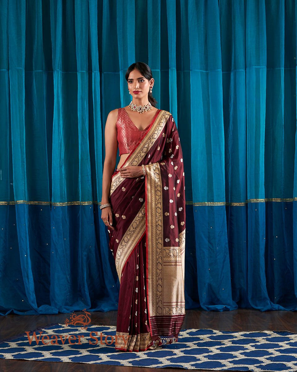 Handloom_Wine_Banarasi_Silk_Saree_woven_with_Traditional_Mughal_Inspired_Motifs_WeaverStory_02