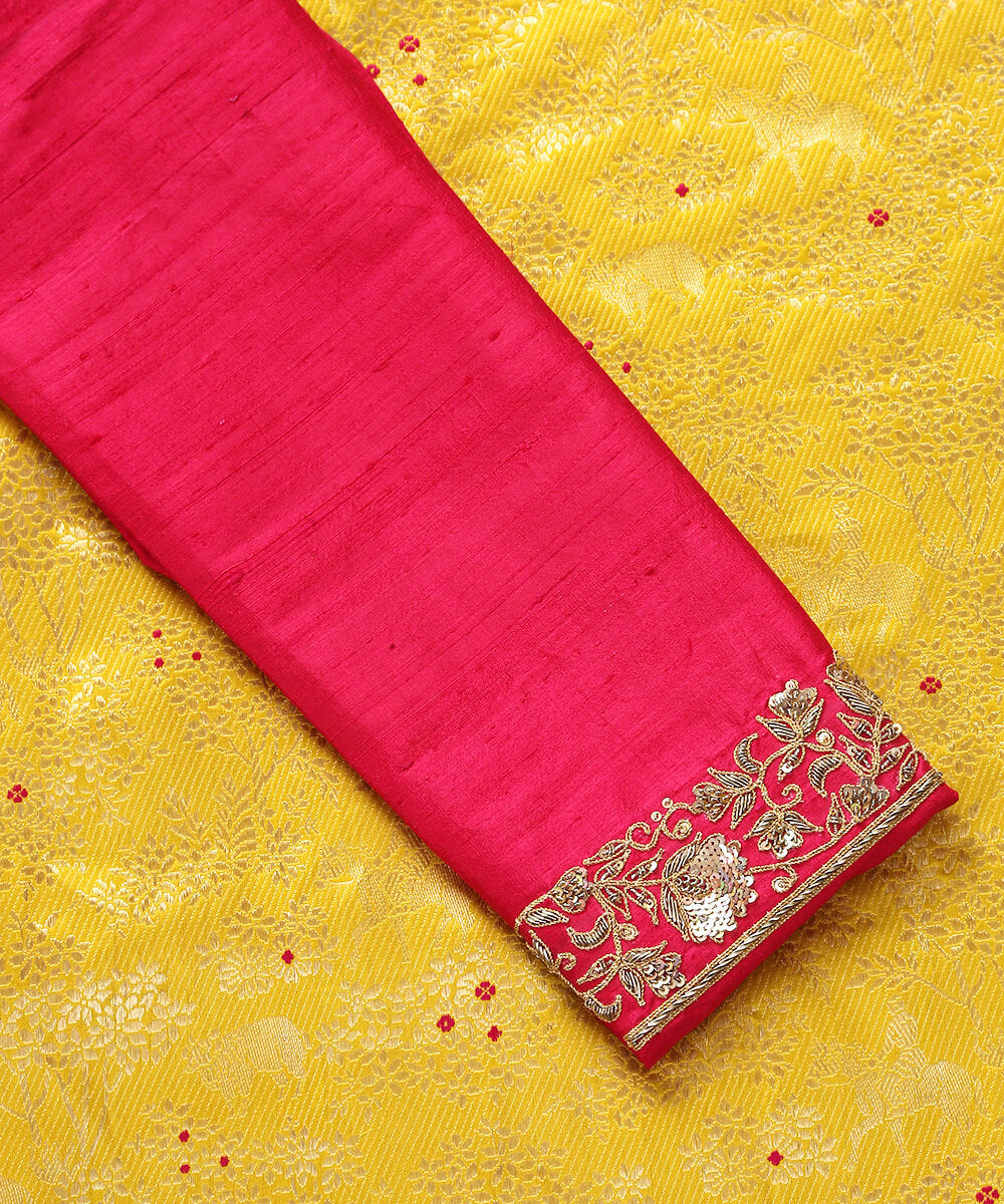 Pink_and_Red_Dual_Tone_Raw_Silk_Blouse_Fabric_with_Zardozi_and_Dori_Embroidery_WeaverStory_03
