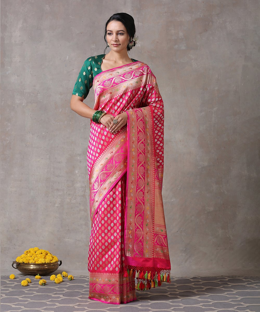 Hot_Pink_Handloom_Heavy_Kadhwa_Pure_Katan_Silk_Banarasi_Saree_With_Meenakari_Border_WeaverStory_01