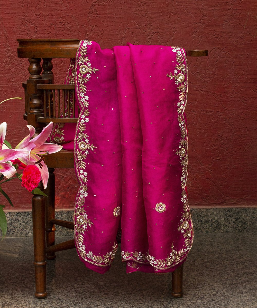 Hot_Pink_Handloom_Organza_Dupatta_with_scallop_zardozi_Border_WeaverStory_01