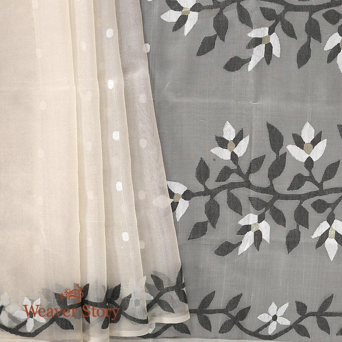 Handwoven_White_Dhakai_Jamdani_Saree_with_Black_and_White_Booti_and_Palla_WeaverStory_01