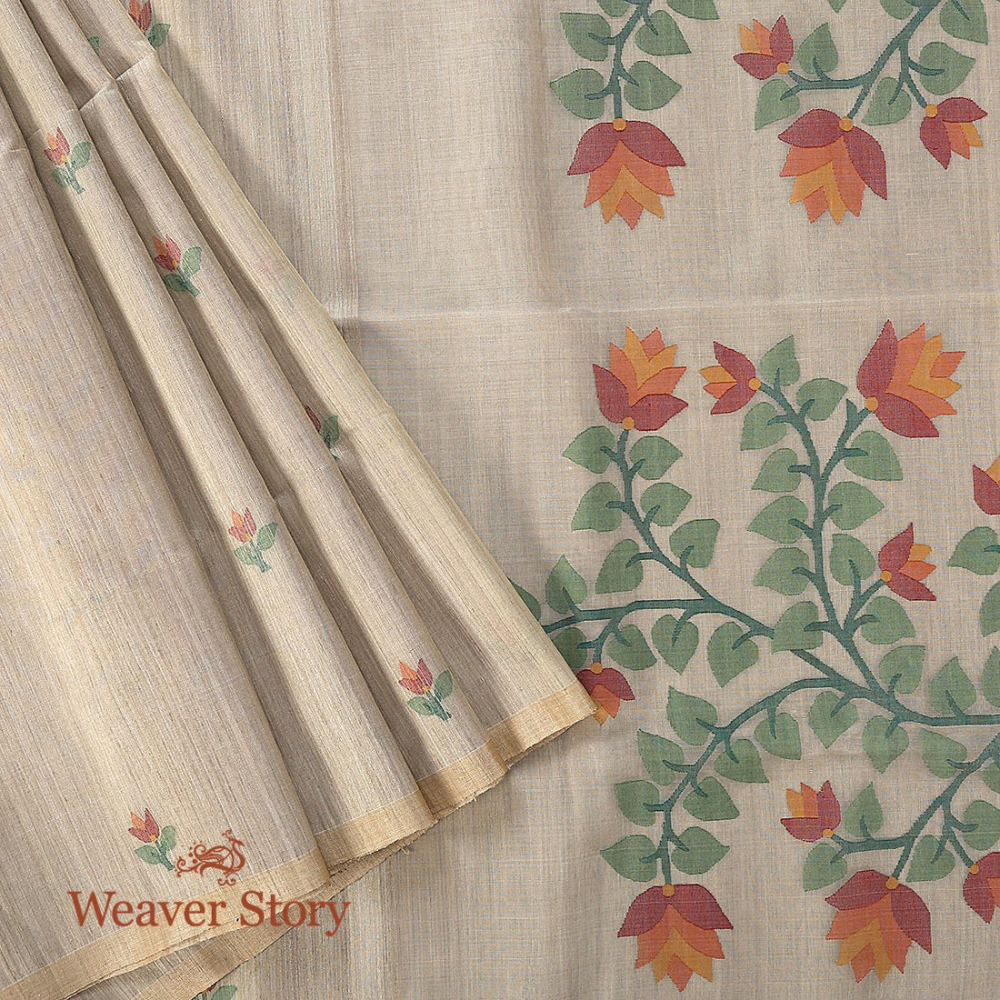 Handwoven_Beige_Dhakai_Jamdani_Saree_with_Floral_Pallu_WeaverStory_01