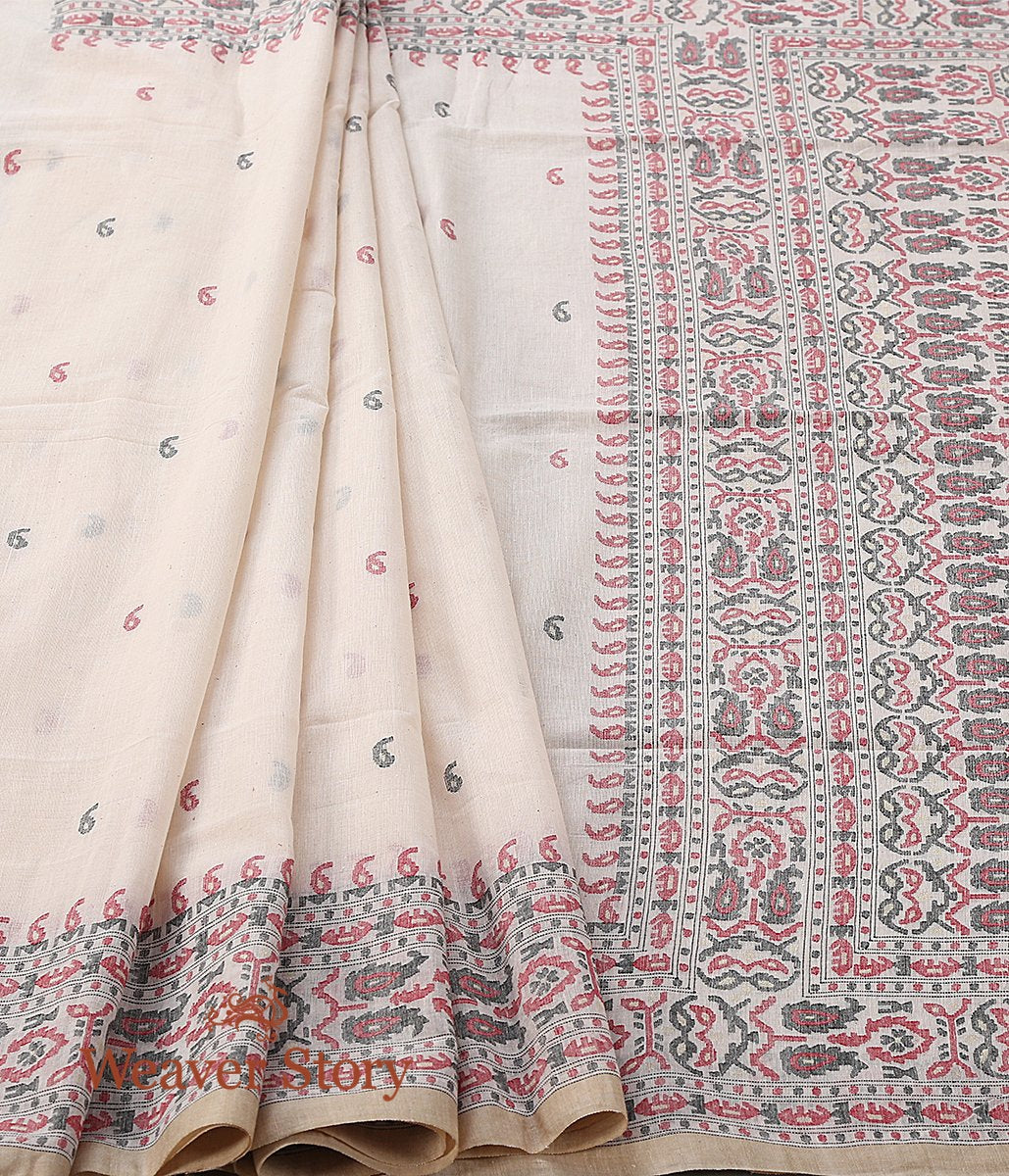 Beige_Hand_Spun_and_Hand_Woven_Cotton_Jamdani_Saree_with_Red_and_Black_Thread_Weave_WeaverStory_02