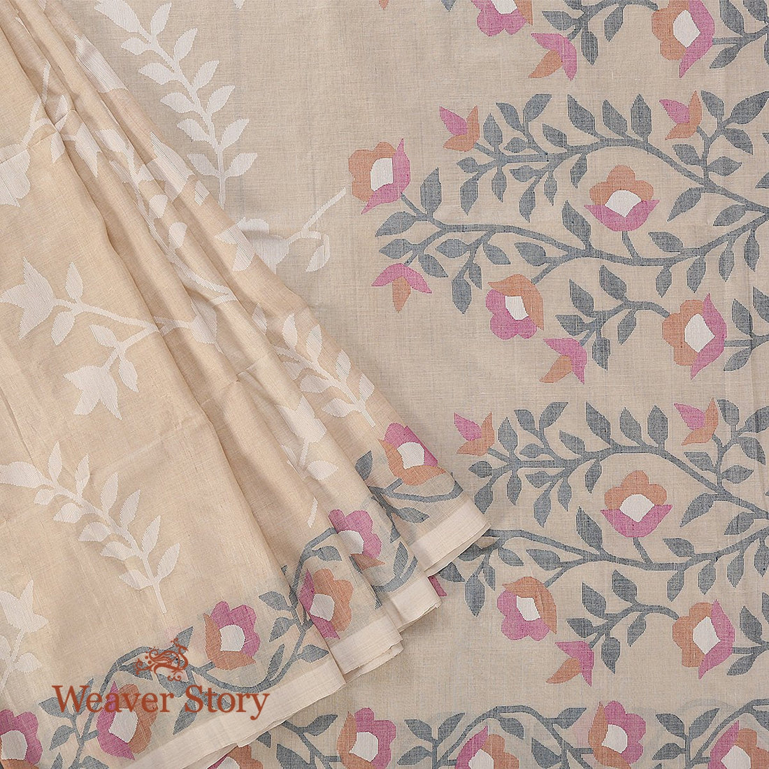 Handwoven_Beige_Tusser_Munga_Jamdani_Saree_with_Pink_Floral_Motifs_WeaverStory_01