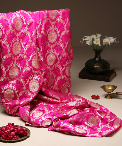 Rani_Pink_Pure_Katan_Silk_Banarasi_Handloom_Fabric_with_Victorian_Motifs_WeaverStory_01