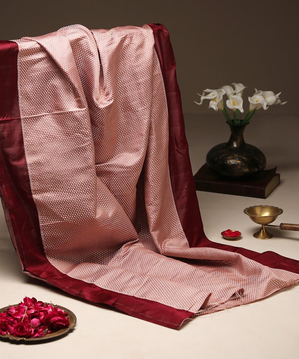 Peach_Pure_Satin_Banarasi_Handloom_Fabric_with_Silver_Zari_Booti_WeaverStory_01