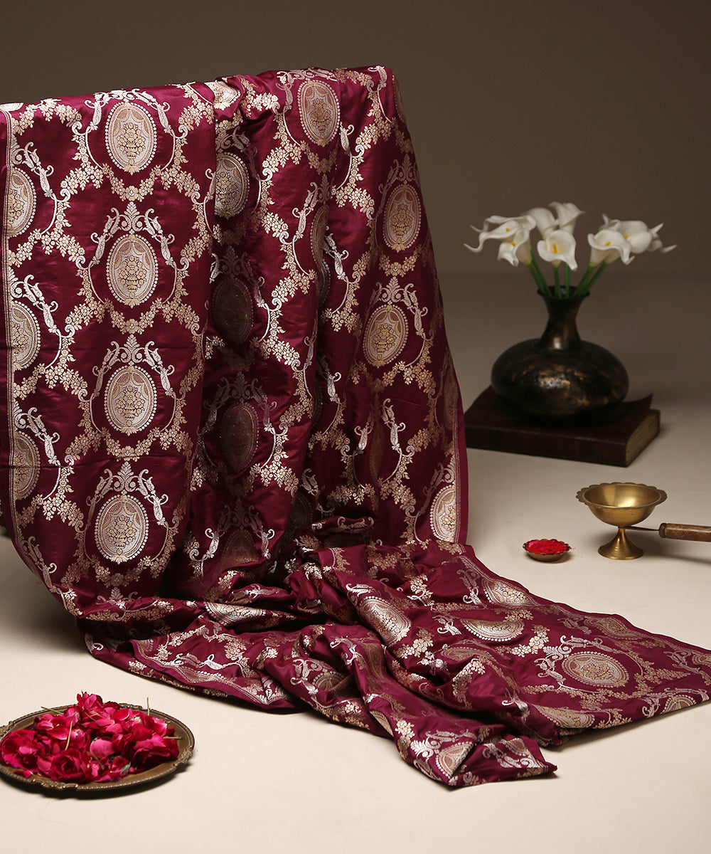 Wine_Pure_Katan_Silk_Banarasi_Handloom_Fabric_with_Victorian_Motifs_WeaverStory_01