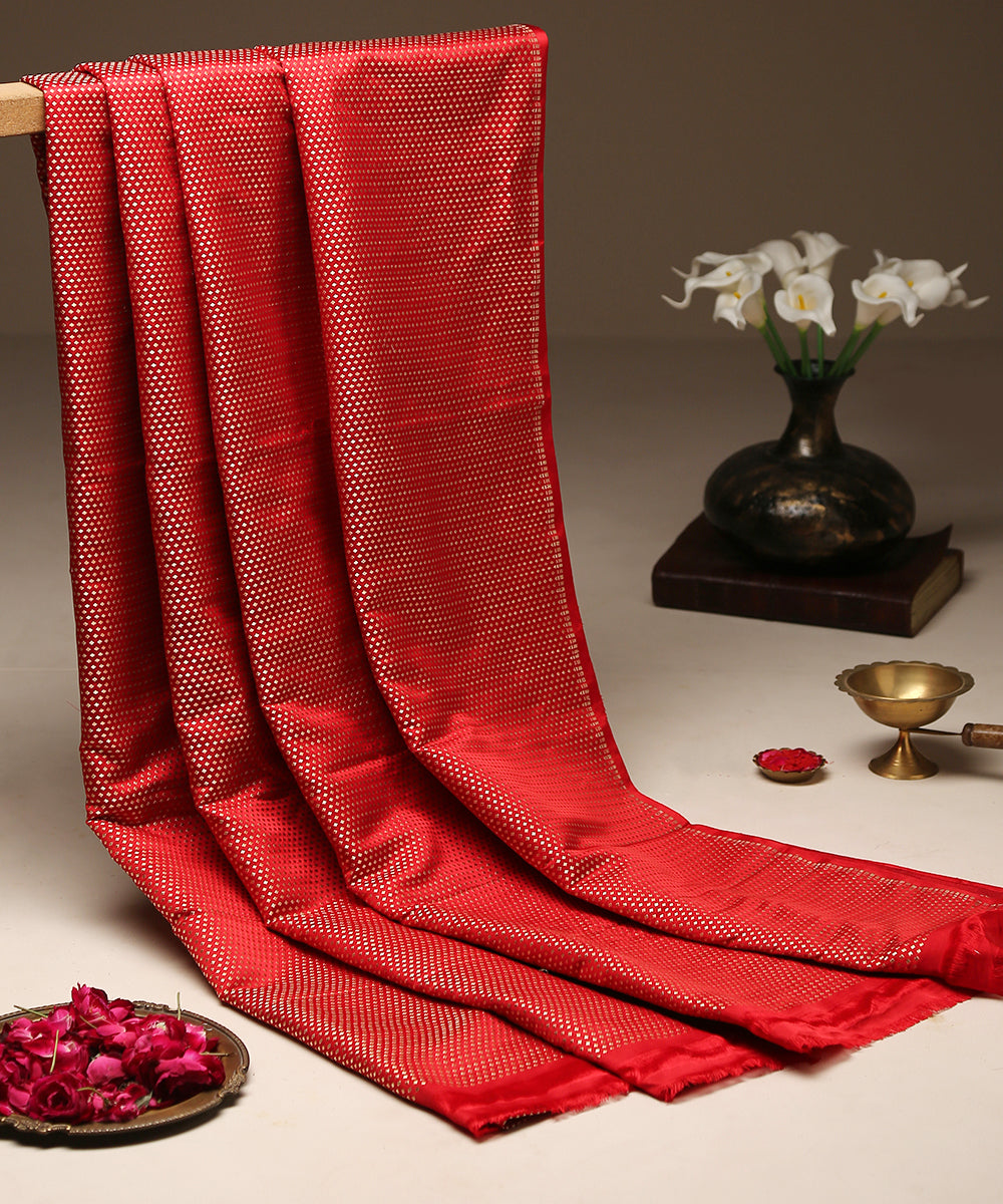 Red_Pure_Satin_Banarasi_Handloom_Fabric_with_Zari_Booti_WeaverStory_01