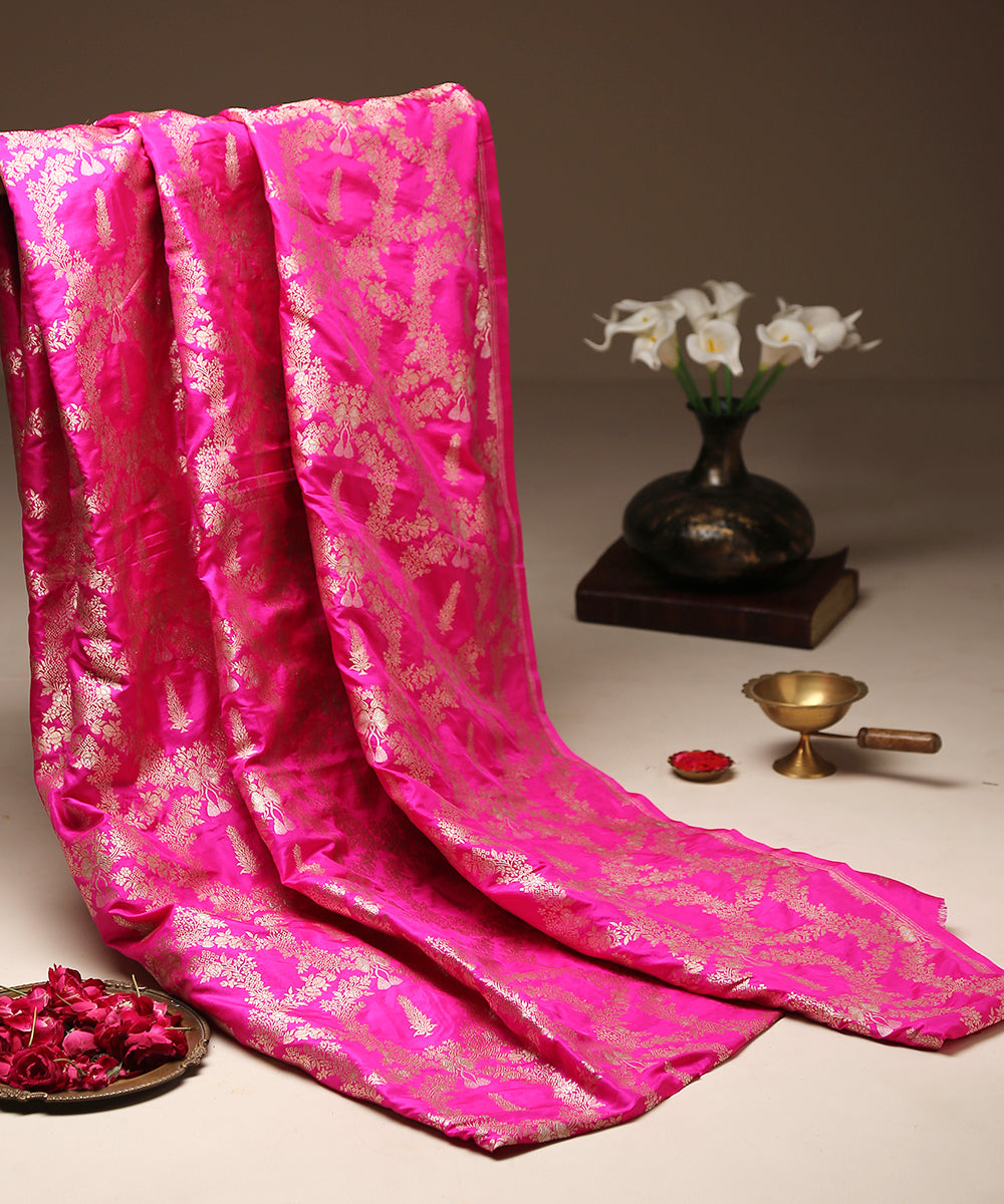 Rani_Pink_Pure_Katan_Silk_Banarasi_Handloom_Fabric_with_Traditional_Floral_Jaal_WeaverStory_01