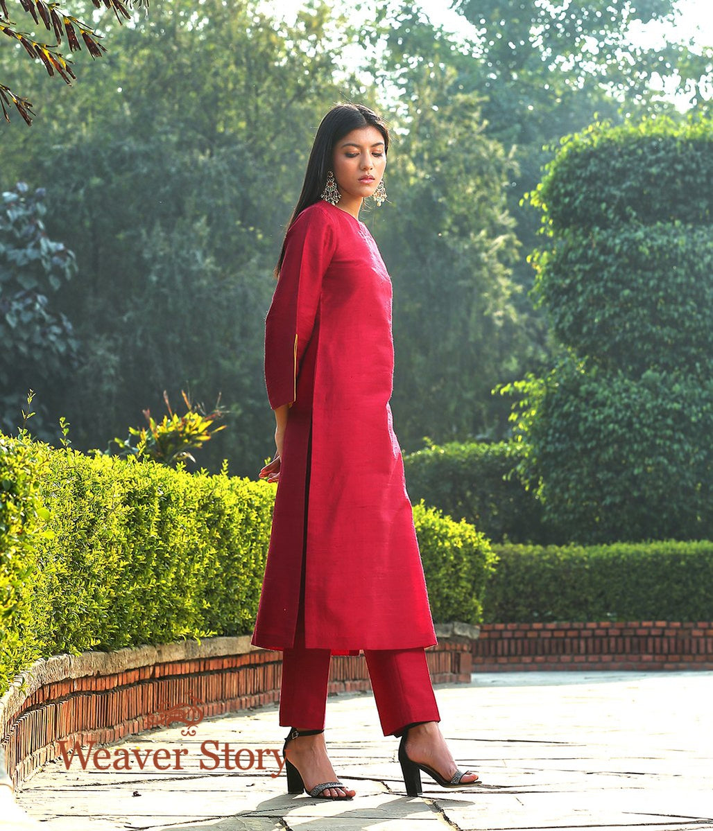 Maroon_Raw_Silk_Kurta_with_Flared_Sleeves_and_Straight_Pants_WeaverStory_03