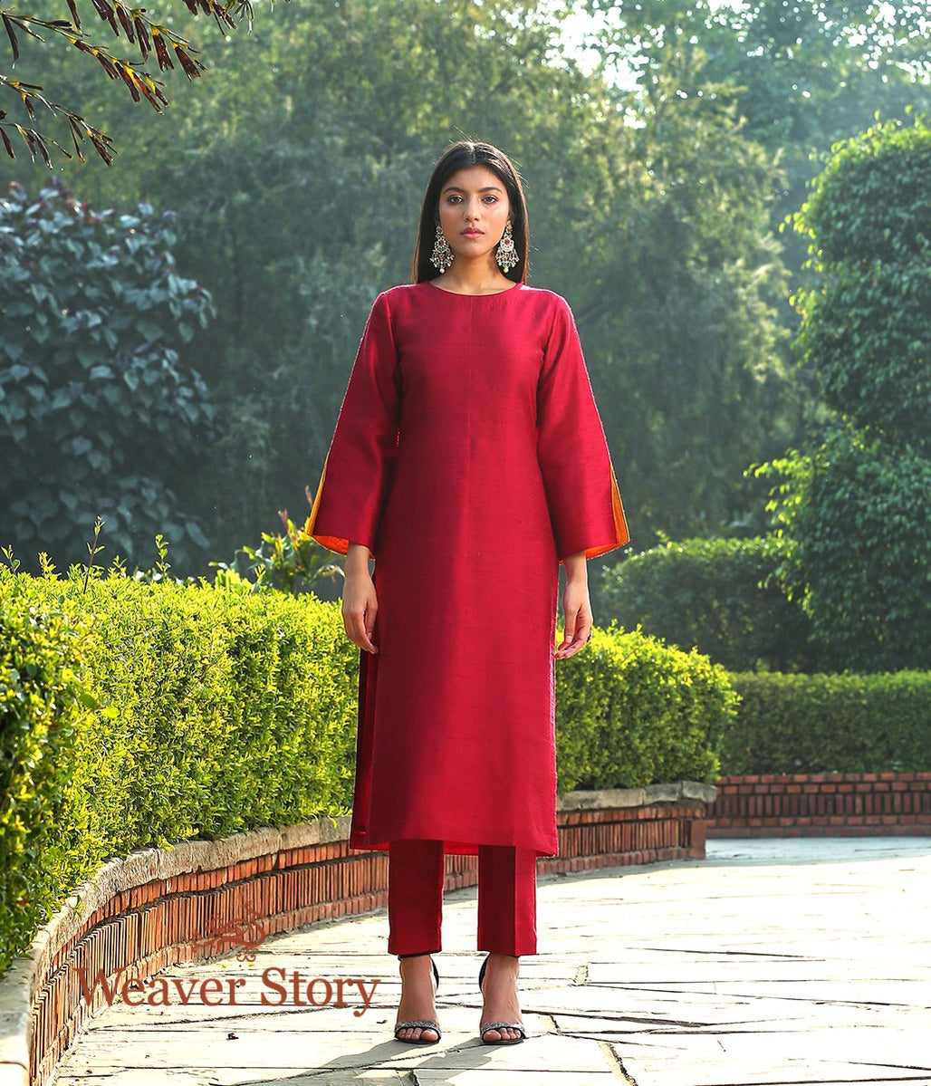 Maroon_Raw_Silk_Kurta_with_Flared_Sleeves_and_Straight_Pants_WeaverStory_01