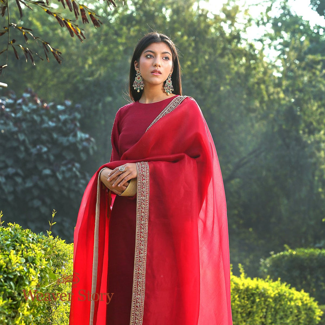 Maroon_Raw_Silk_Kurta_with_Flared_Sleeves_and_Straight_Pants_WeaverStory_02