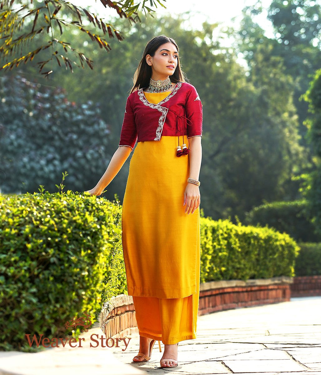 Mustard_Munga_Silk_Kurta_With_Maroon_Angrakha_Jacket_and_Wide_Leg_Pants_WeaverStory_01