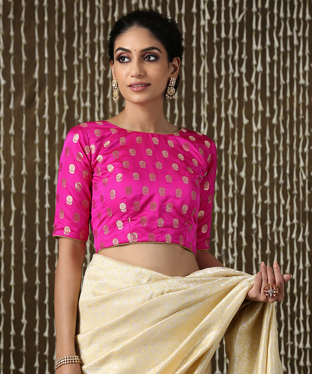 Pink_Pure_Satin_Silk_Banarasi_Booti_Blouse_WeaverStory_01