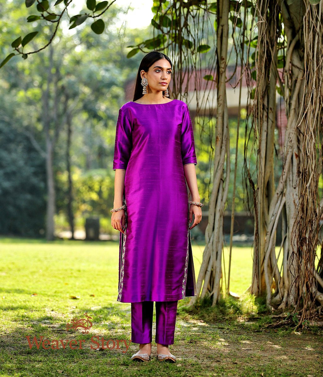 Purple Raw Silk Kurta With Zardozi Detailing and Zardozi Dupatta