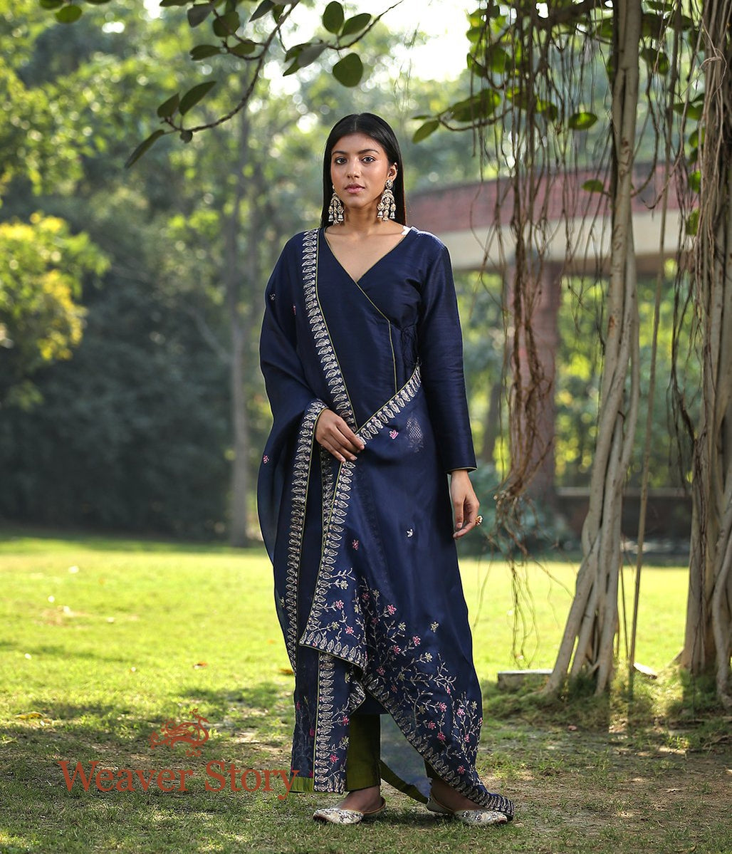Dark_Blue_Raw_Silk_Kurta_With_Olive_Green_Pants_and_Zardozi_Work_Dupatta_WeaverStory_01