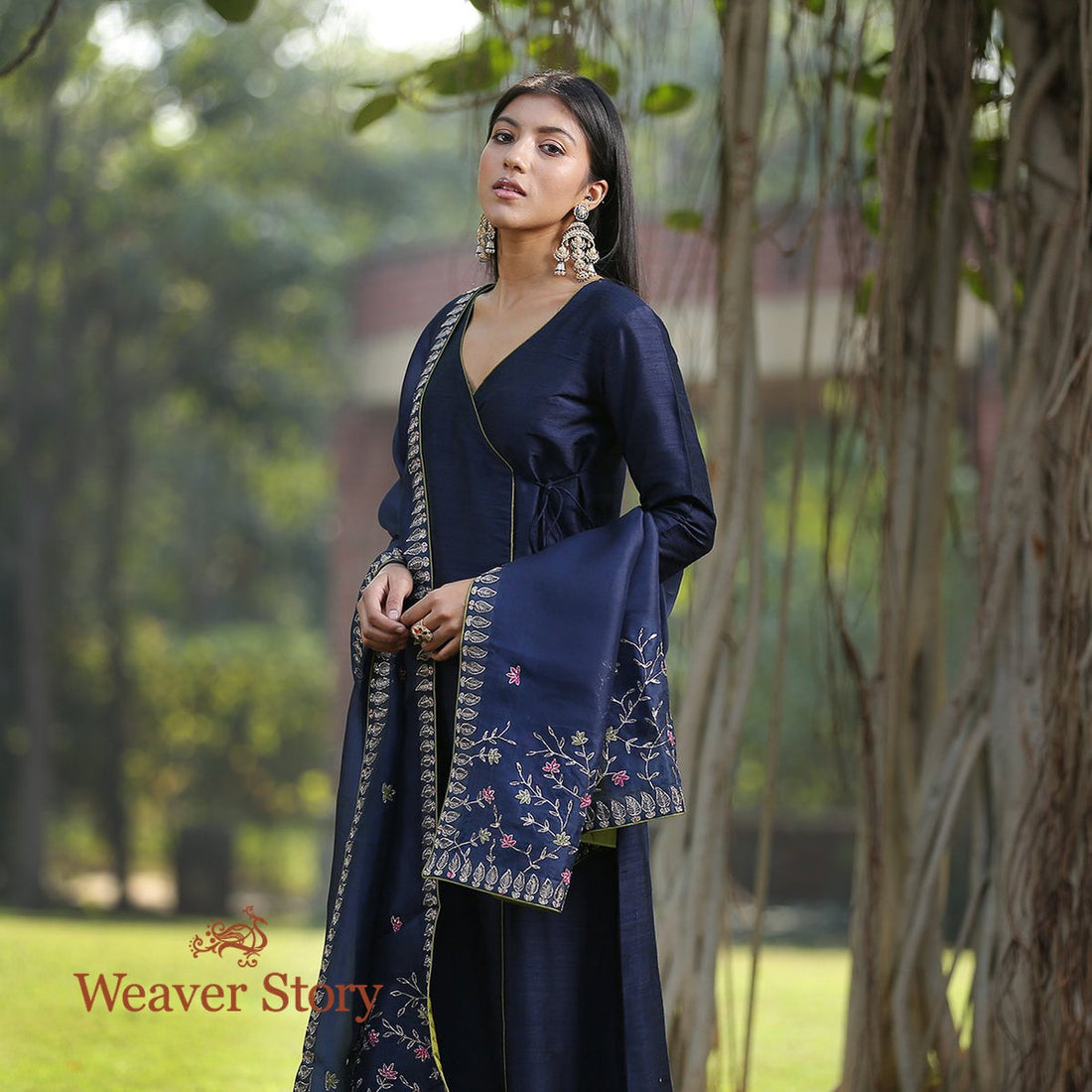 Dark_Blue_Raw_Silk_Kurta_With_Olive_Green_Pants_and_Zardozi_Work_Dupatta_WeaverStory_02