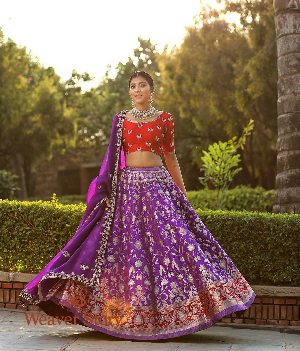 Handwoven_Purple_Banarasi_Lehenga_with_Red_Border_WeaverStory_01