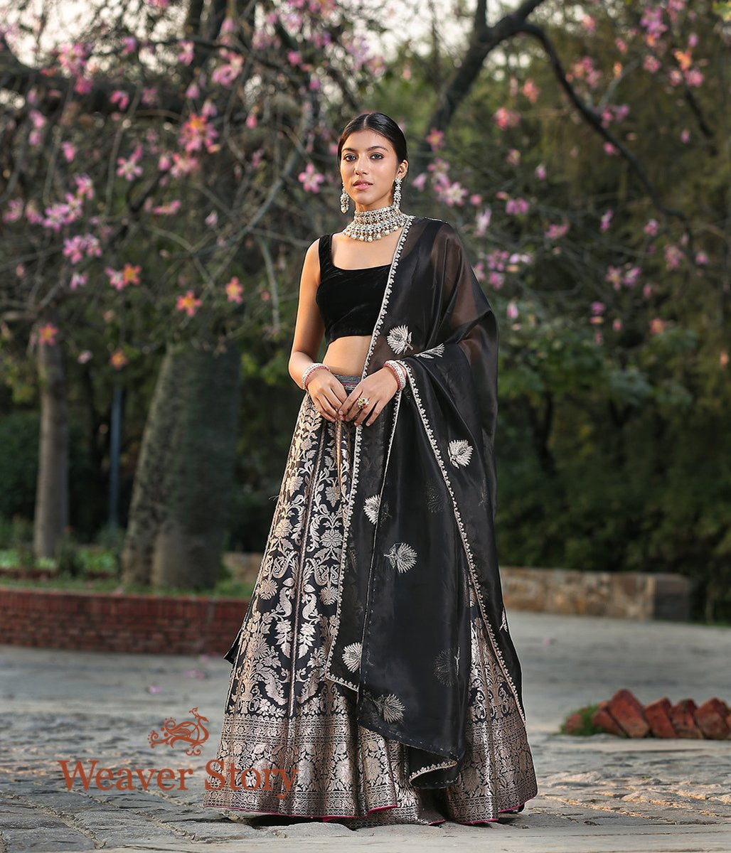 Handwoven_Black_Banarasi_Lehenga_with_Velvet_Blouse_and_Silk_Organza_Dupatta_WeaverStory_01