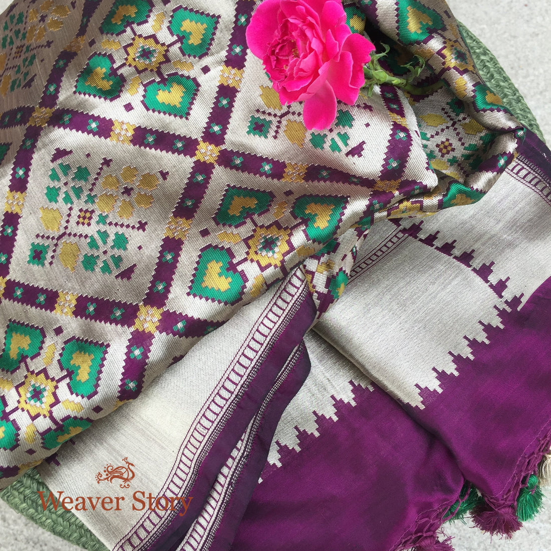 Handloom_Wine_Banarasi_Patola_Dupatta_with_Zari_Base_WeaverStory_01