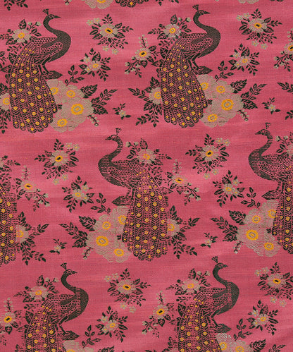Dark Peach Handloom Katan Silk Shikargah Banarasi Fabric With Tanchoi Weave