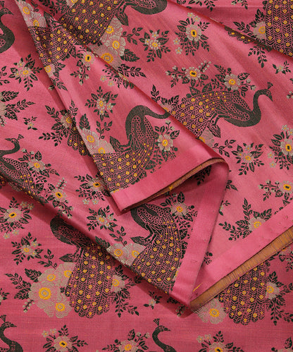 Dark Peach Handloom Katan Silk Shikargah Banarasi Fabric With Tanchoi Weave