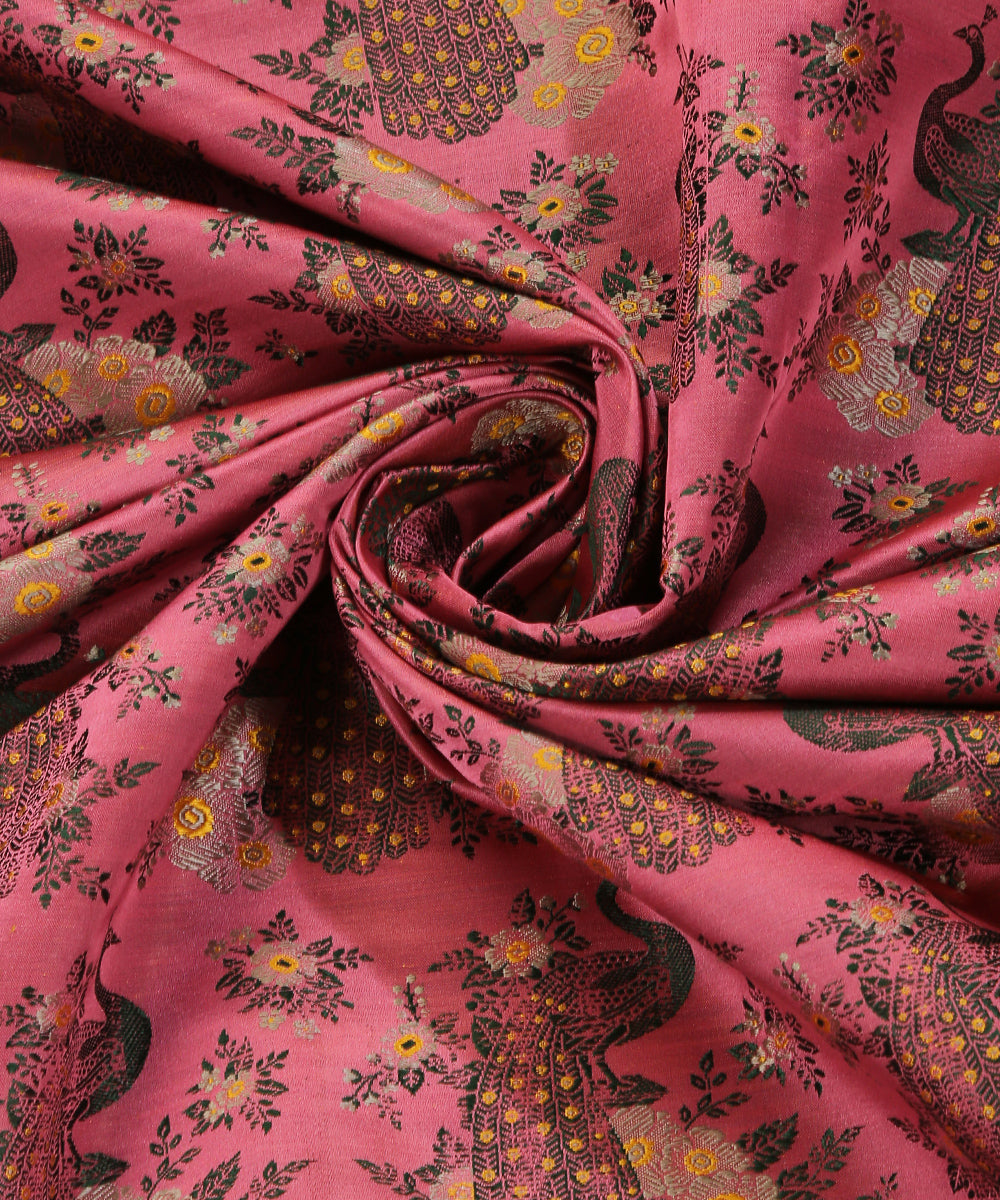 Dark Peach Handloom Katan Silk Shikargah Banarasi Fabric With Tanchoi Weave