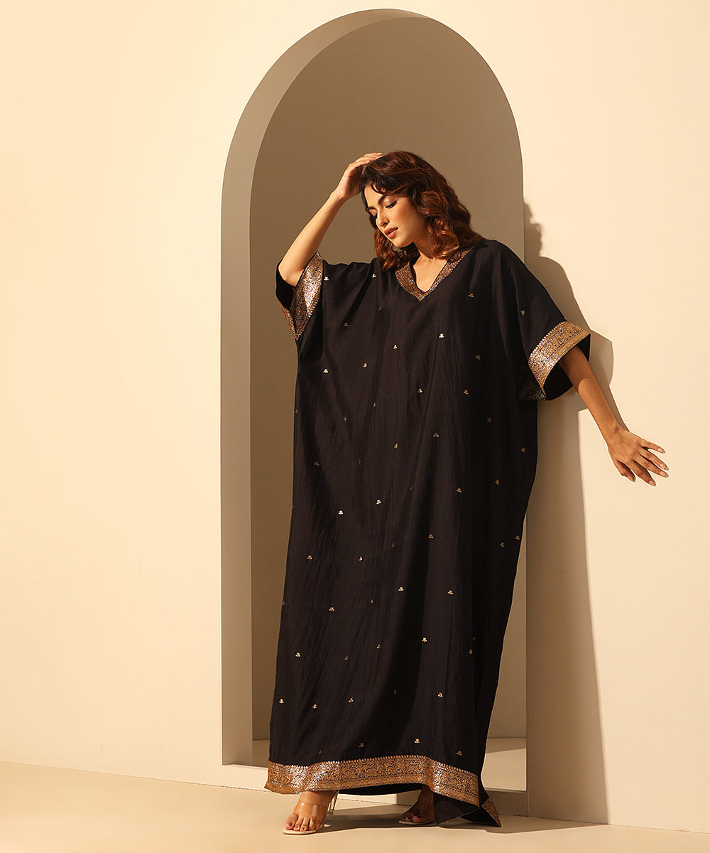 Handloom_Black_Chiniya_Silk_Kaftan_With_Plain_Glaze_Cotton_Silk_Pants_WeaverStory_02