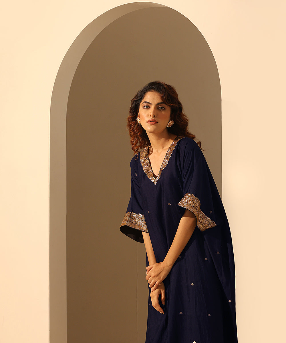 Navy_Blue_Handloom_Chiniya_Silk_Kaftan_With_Plain_Glaze_Cotton_Silk_Pants_WeaverStory_01