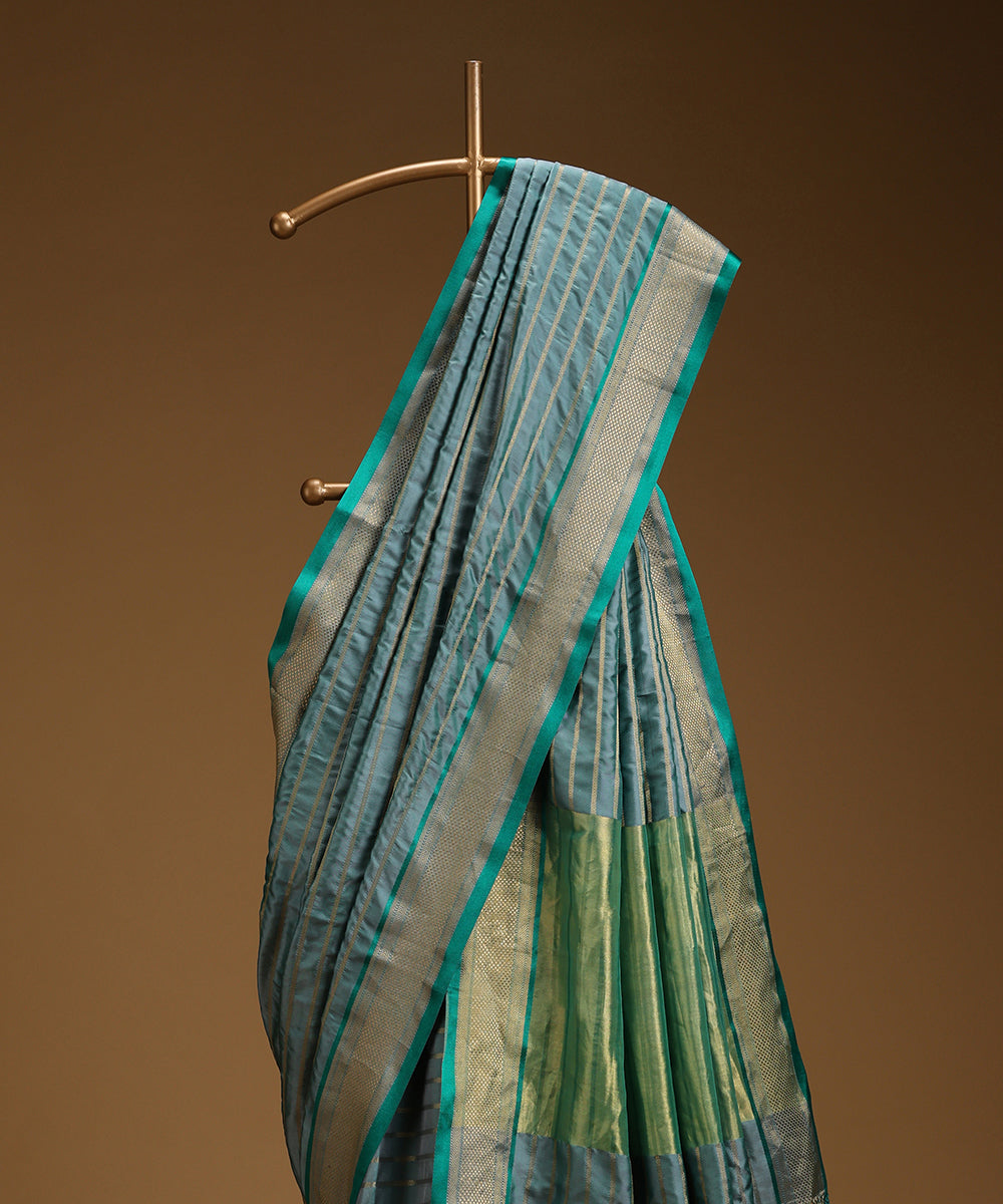 Pigeon_Blue_And_Green_Twill_Weave_Pure_Mulberry_Silk_Saree_With_Horizontal_Zari_Lines_WeaverStory_02