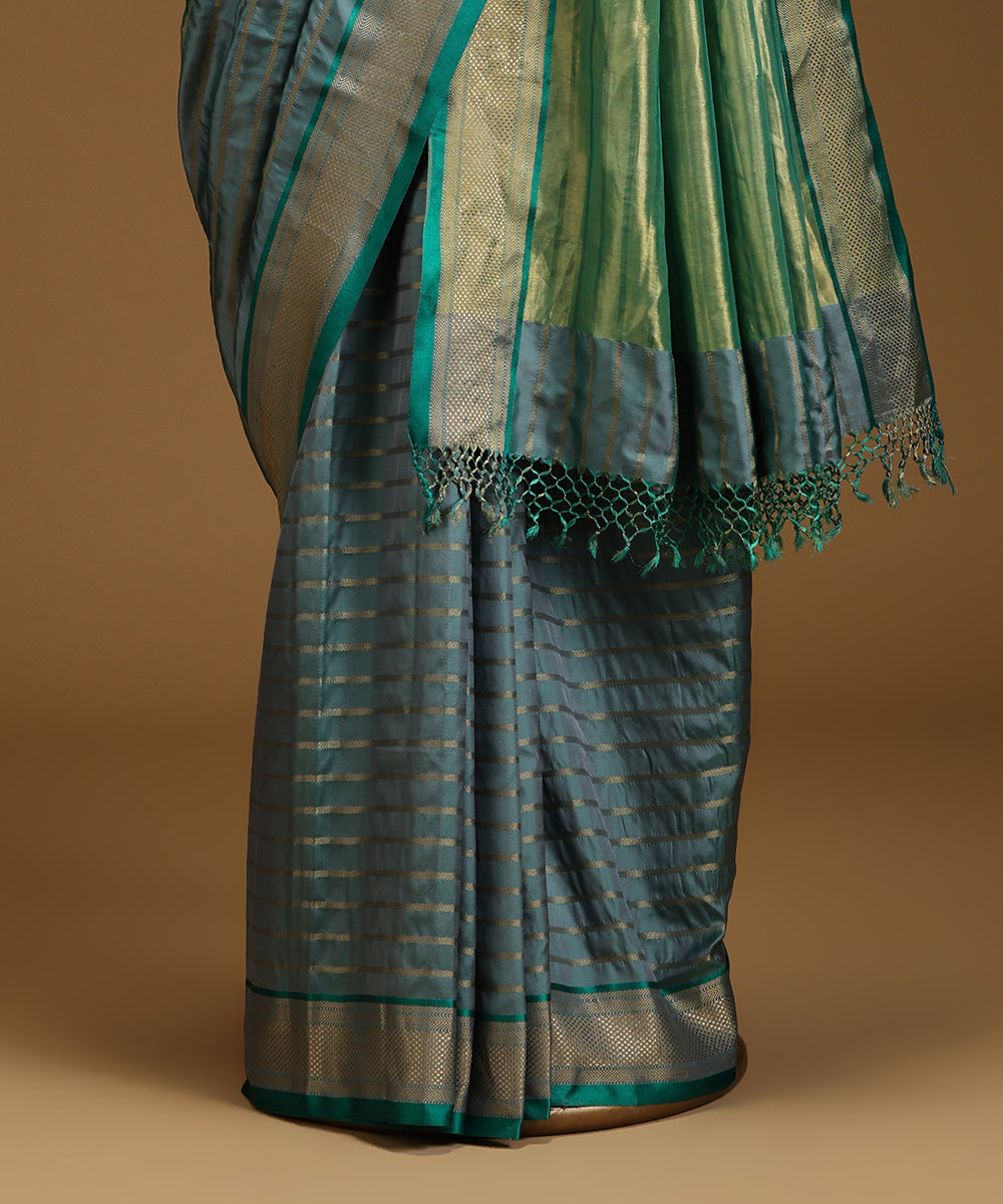 Pigeon_Blue_And_Green_Twill_Weave_Pure_Mulberry_Silk_Saree_With_Horizontal_Zari_Lines_WeaverStory_03