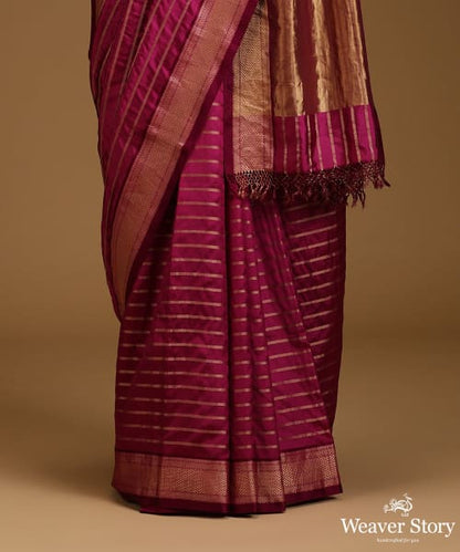 Dark_Majenta_Twill_Weave_Pure_Mulberry_Silk_Saree_With_Horizontal_Zari_Lines_WeaverStory_03