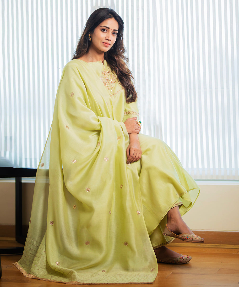 Handloom Lime Green Chanderi Silk Gota Patti Suit Set With Pants And Dupatta