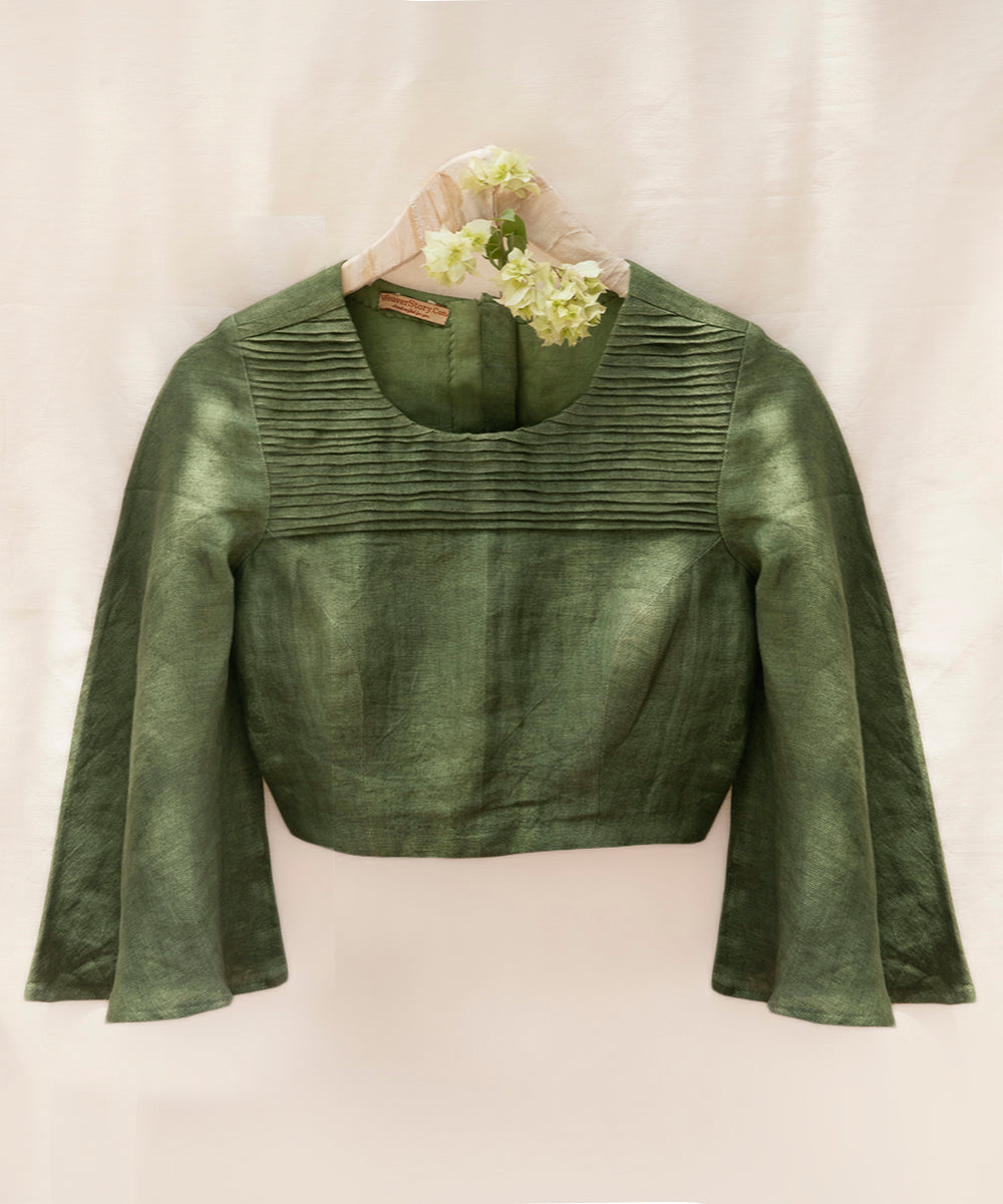 Green_Handloom_Pure_Linen_Stitched_Blouse_With_Pin_Tuck_Detailing_WeaverStory_01