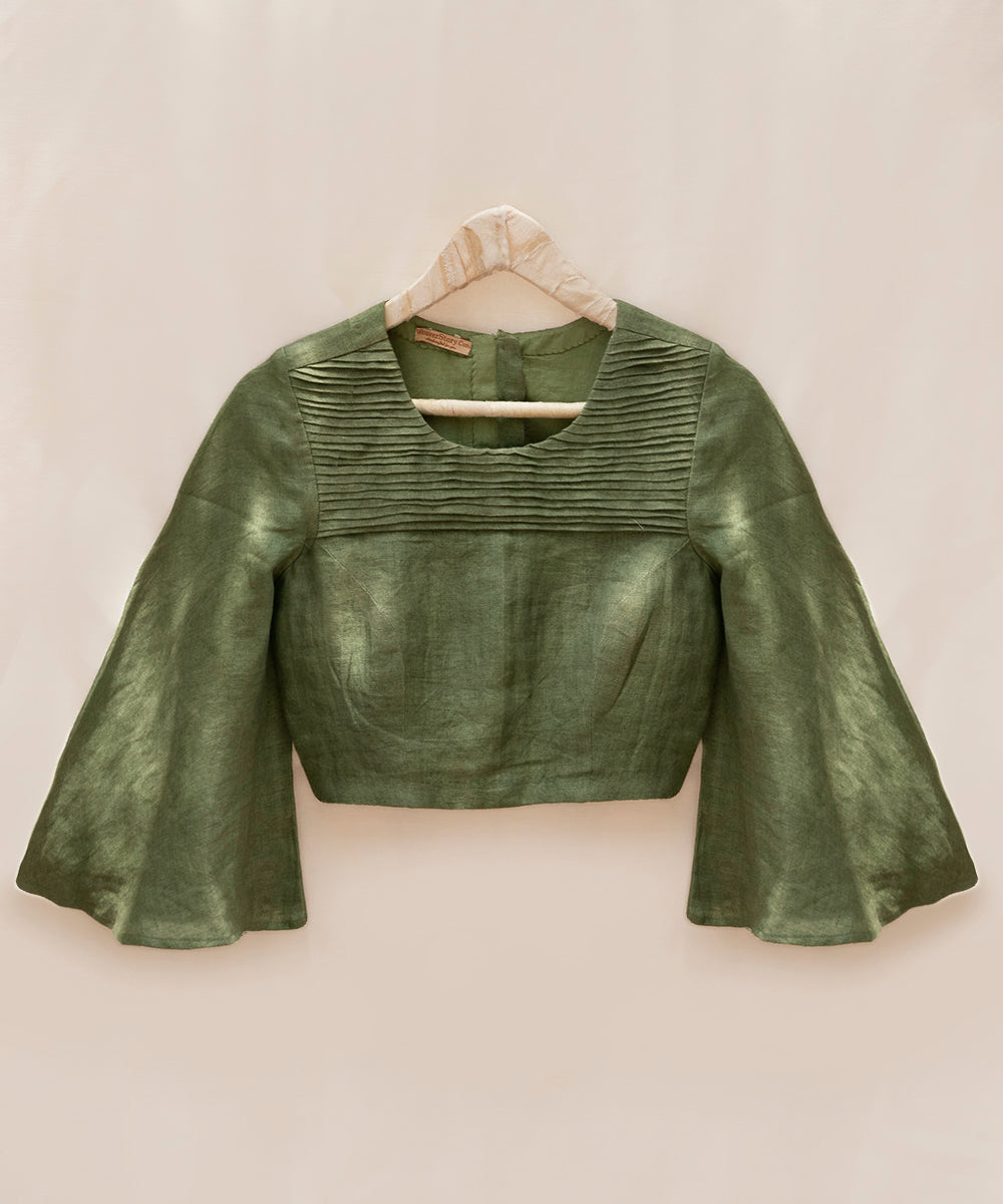 Green_Handloom_Pure_Linen_Stitched_Blouse_With_Pin_Tuck_Detailing_WeaverStory_02