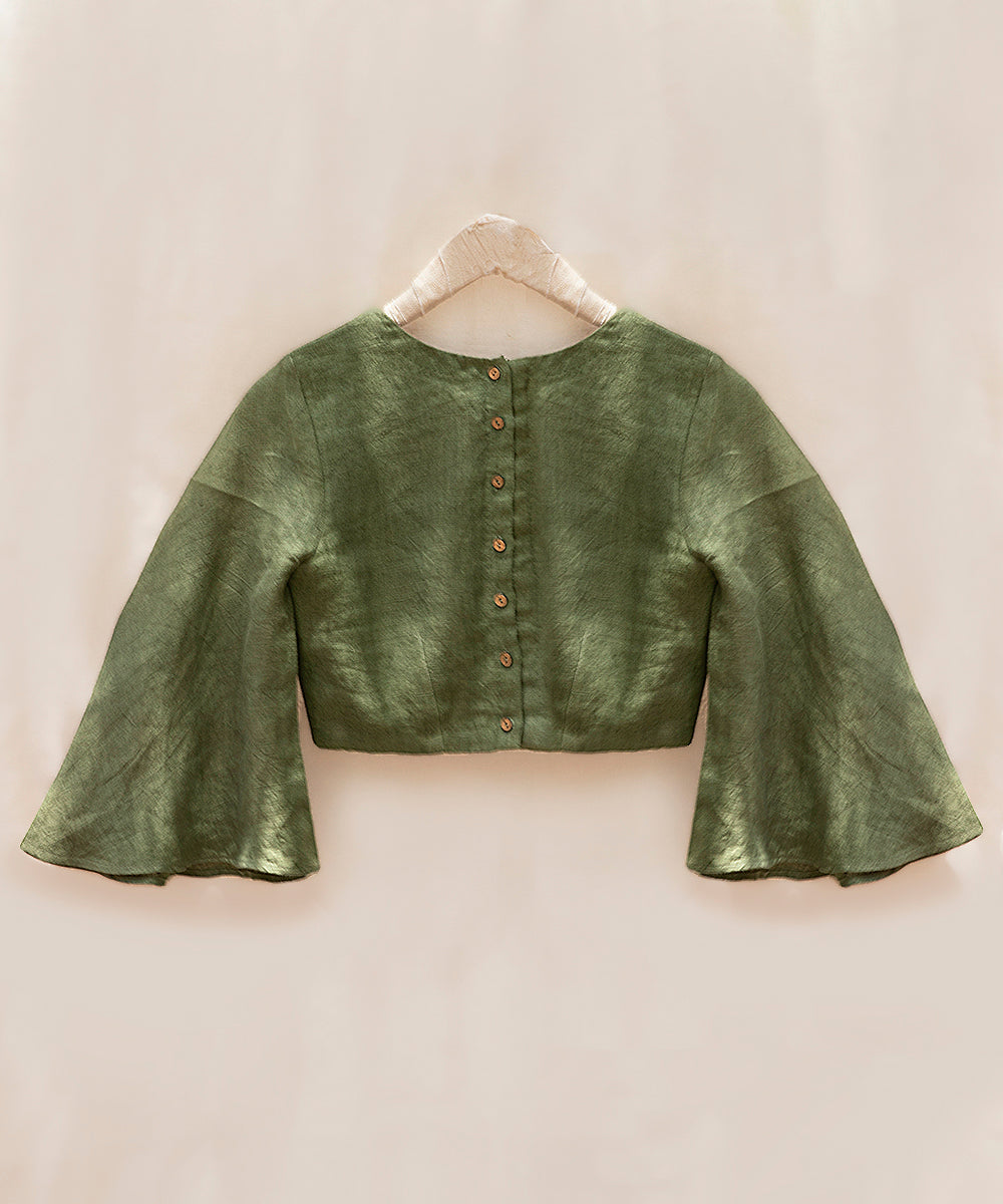 Green_Handloom_Pure_Linen_Stitched_Blouse_With_Pin_Tuck_Detailing_WeaverStory_03