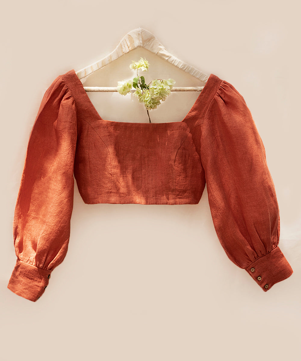Handloom_Rust_Pure_Linen_Stitched_Blouse_With_Bishop_Sleeves_WeaverStory_01
