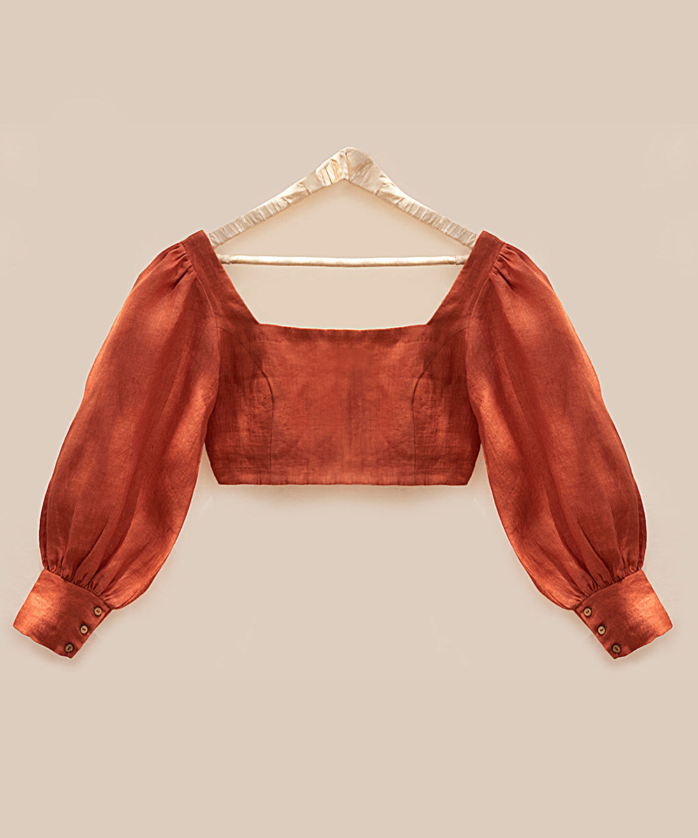Handloom_Rust_Pure_Linen_Stitched_Blouse_With_Bishop_Sleeves_WeaverStory_02