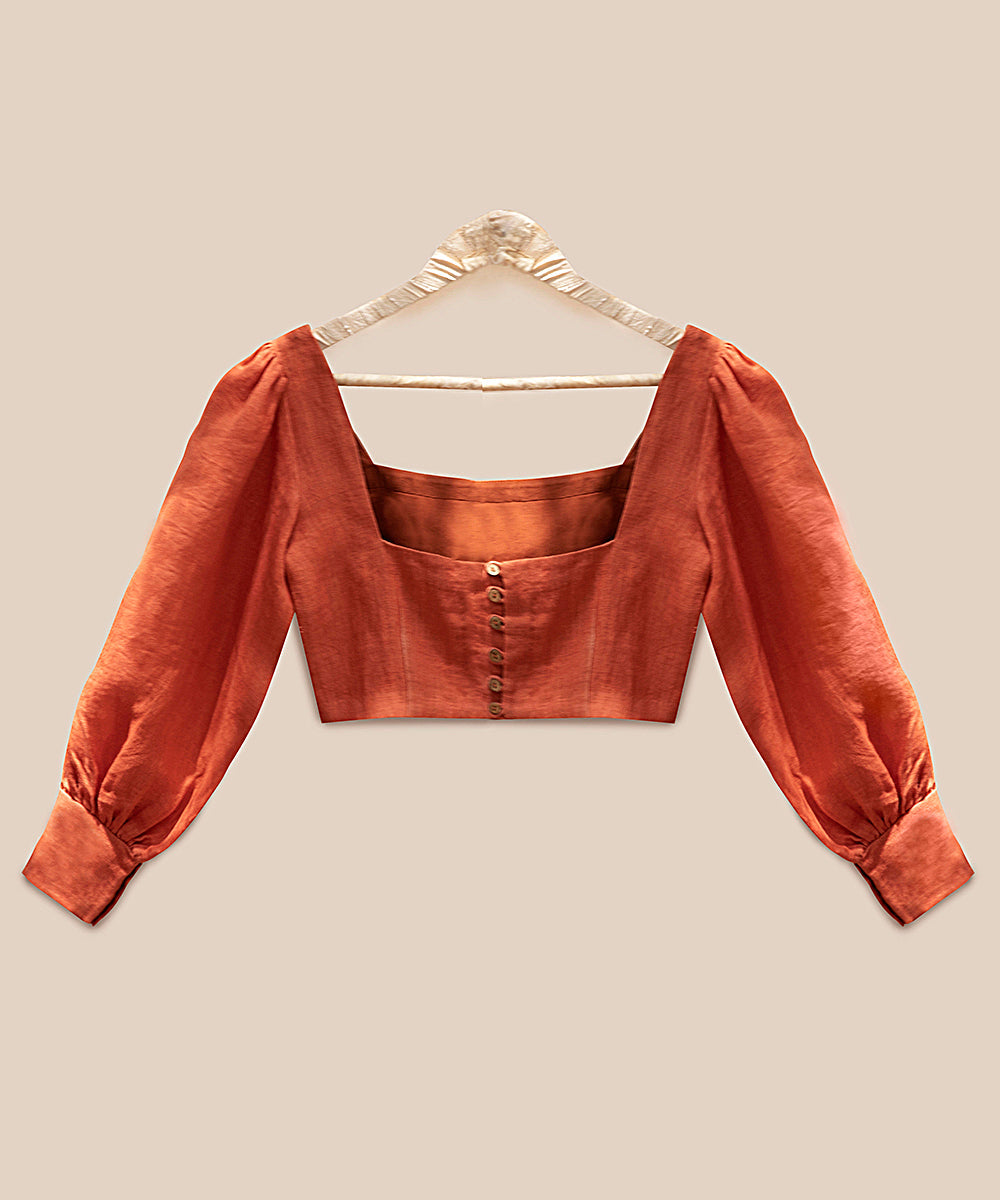 Handloom_Rust_Pure_Linen_Stitched_Blouse_With_Bishop_Sleeves_WeaverStory_03